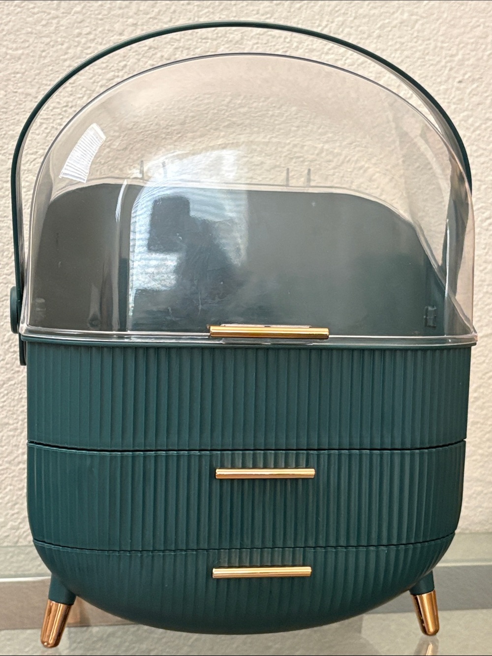 Teal Ribbed Stackable makeup organizer Box with Clear Dome and handle